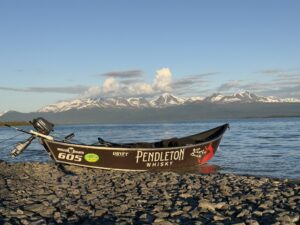 Drift boat Skilak Lake near Kenai River 